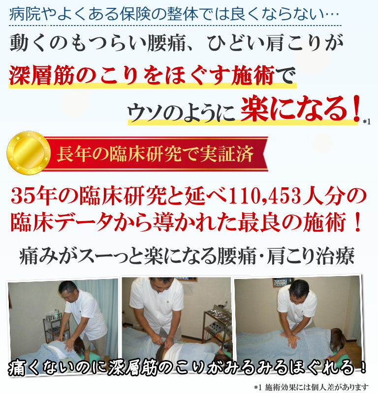 動くのがつらい腰痛、ひどい肩こりが深層筋のこりをほぐす施術でウソのように楽になる